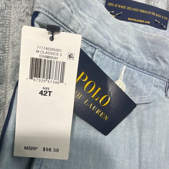 Polo Ralph Lauren Shorts Mens 42T Blue Chambray Cotton Classic Fit Striped Sides - Picture 9 of 12